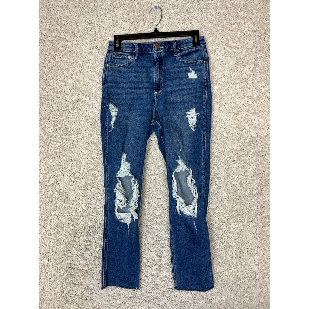 Hollister Curvy High Rise Mom Jeans Womens 26 Blue Denim Distressed Stretch Hole